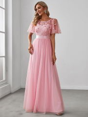 Světle růžové, baby pink, dlouhé šaty s rukávky, tylová sukně, splývavé, na svatbu, pro svatební hosty, pro maminku nevěsty a ženicha, pro svědkyni, na ples, do tanečních